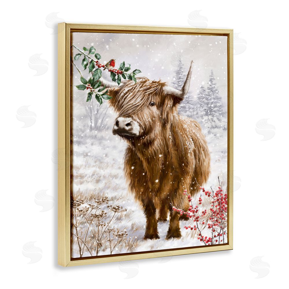 Ian Saxton Cattle with Winter Berries Gold Floating Frame Canvas Wall Art Print