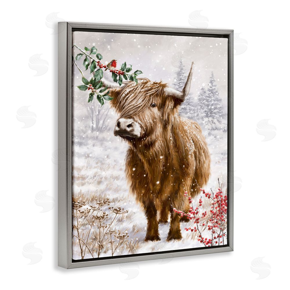 Ian Saxton Cattle with Winter Berries Grey Floating Frame Canvas Wall Art Print