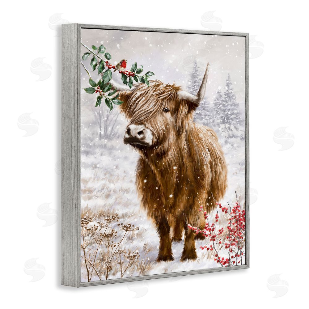 Ian Saxton Cattle with Winter Berries Gray Framed Giclee Wall Art Print