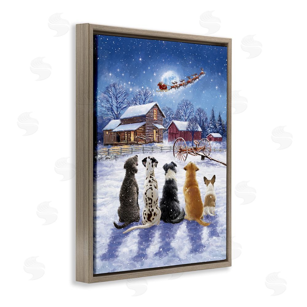 Ian Saxton Snowy Farm Dogs Brown Floating Frame Canvas Wall Art Print
