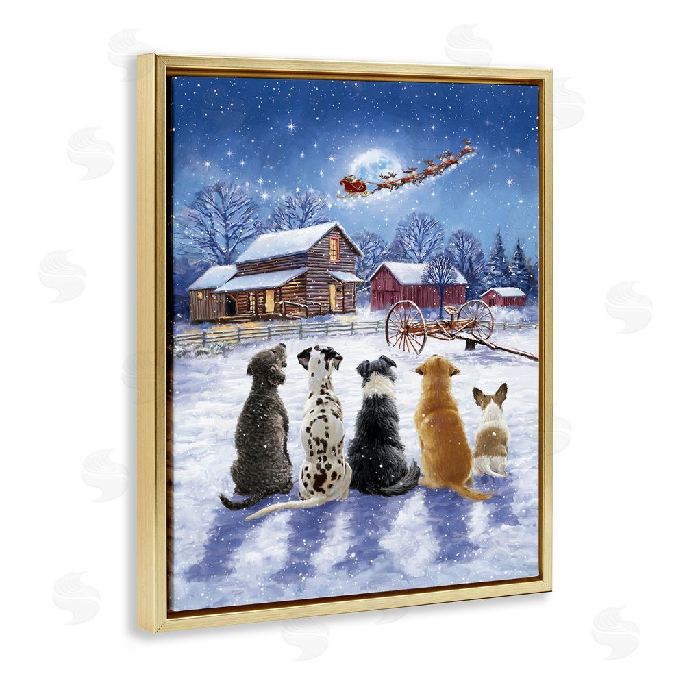 Ian Saxton Snowy Farm Dogs Gold Floating Frame Canvas Wall Art Print