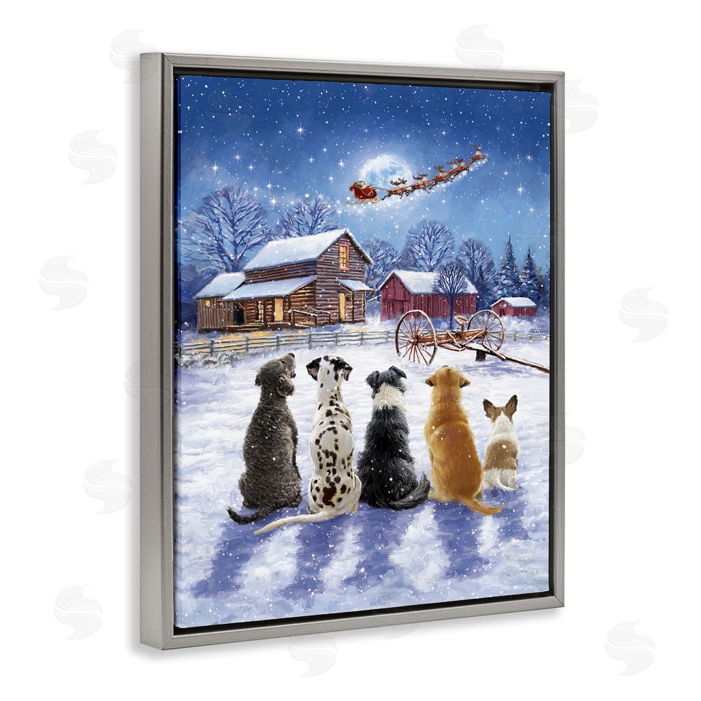 Ian Saxton Snowy Farm Dogs Grey Floating Frame Canvas Wall Art Print
