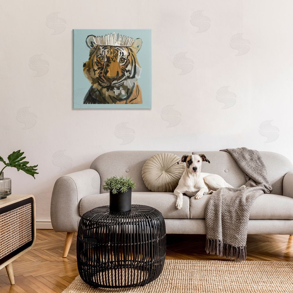 Amelia Noyes Tiger in Tiara Portrait Canvas Wall Art in Room