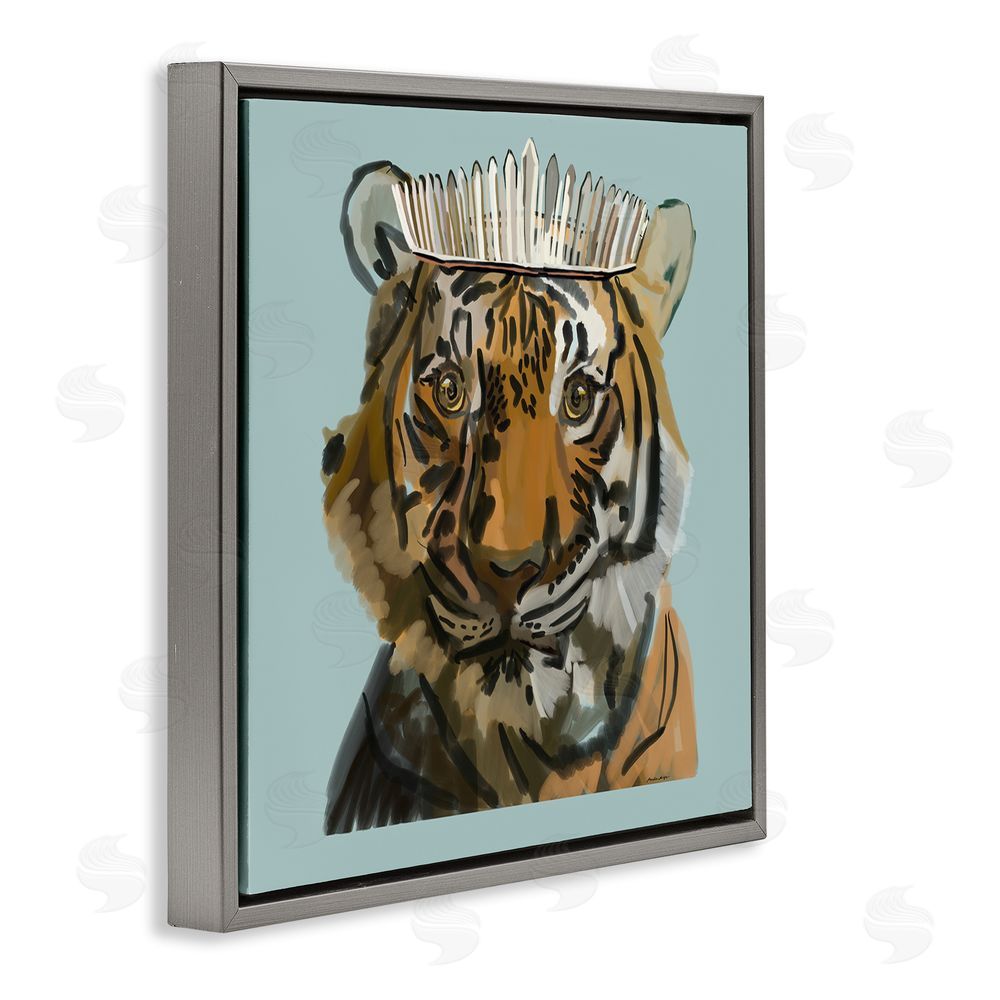 Amelia Noyes Tiger in Tiara Portrait Gray Floating Frame Canvas Wall Art Print