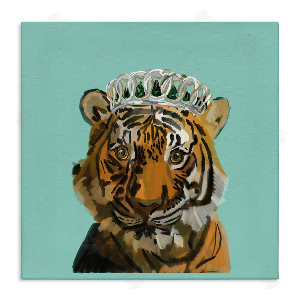 Amelia Noyes Tiger Wearing Crown Stretched Canvas Wall Art Print