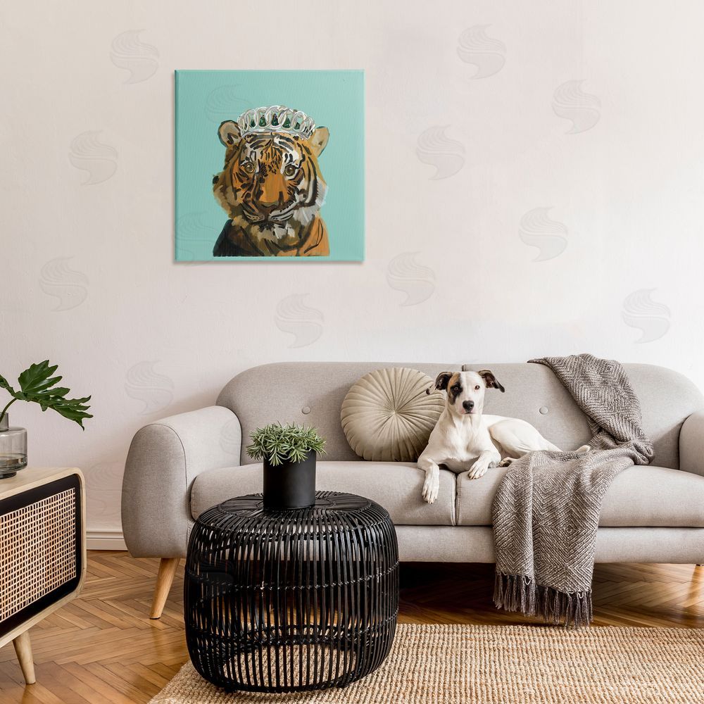 Amelia Noyes Tiger Wearing Crown Canvas Wall Art in Room