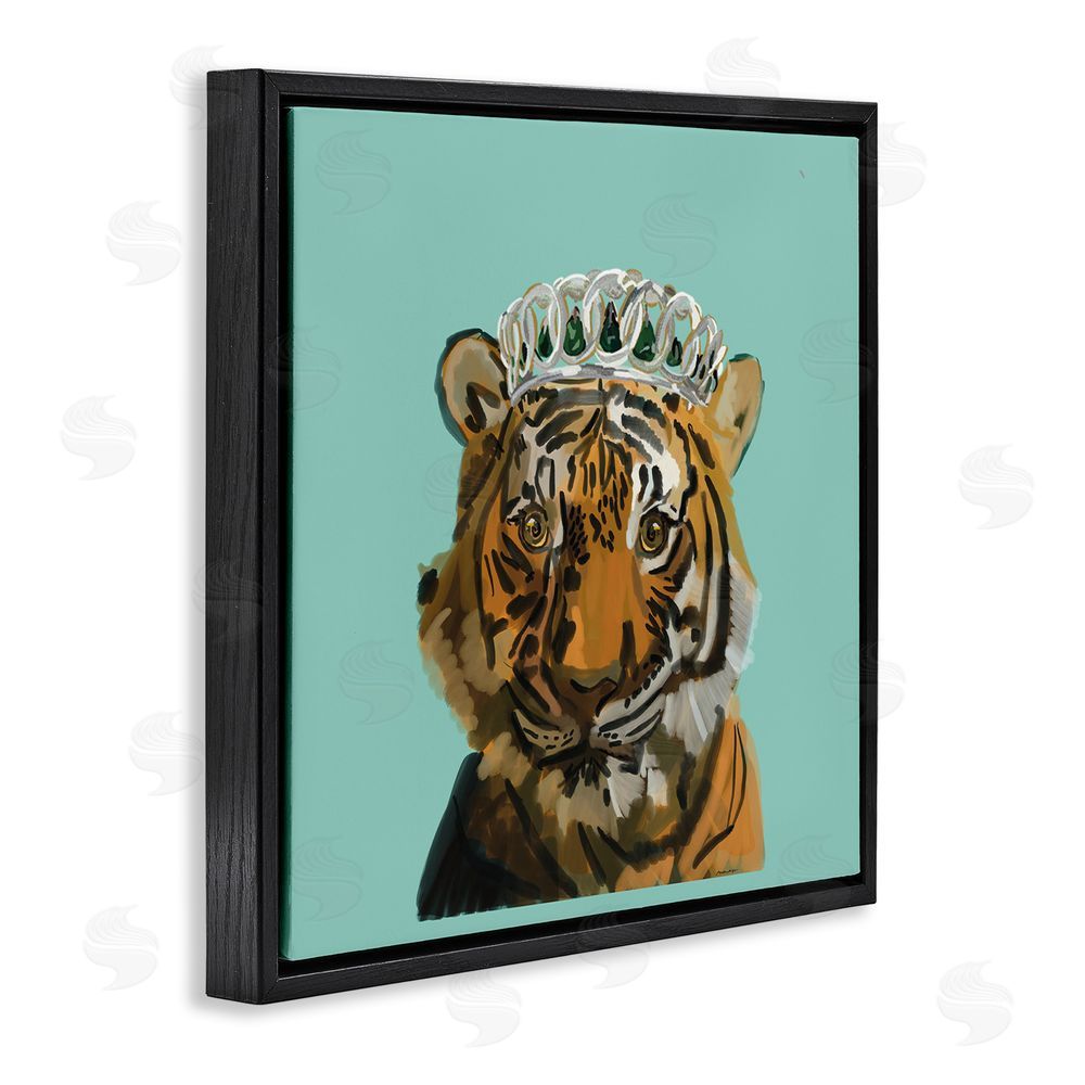 Amelia Noyes Tiger Wearing Crown Black Floating Frame Canvas Wall Art Print