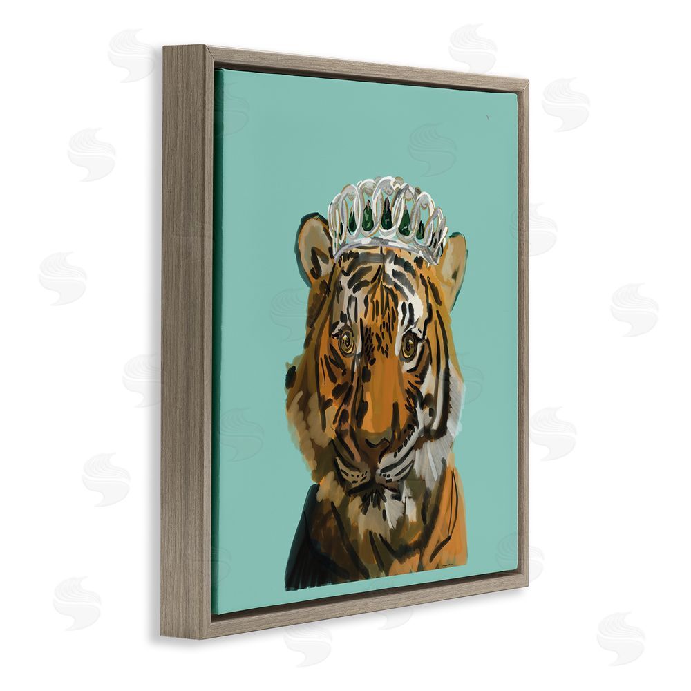 Amelia Noyes Tiger Wearing Crown Brown Floating Frame Canvas Wall Art Print