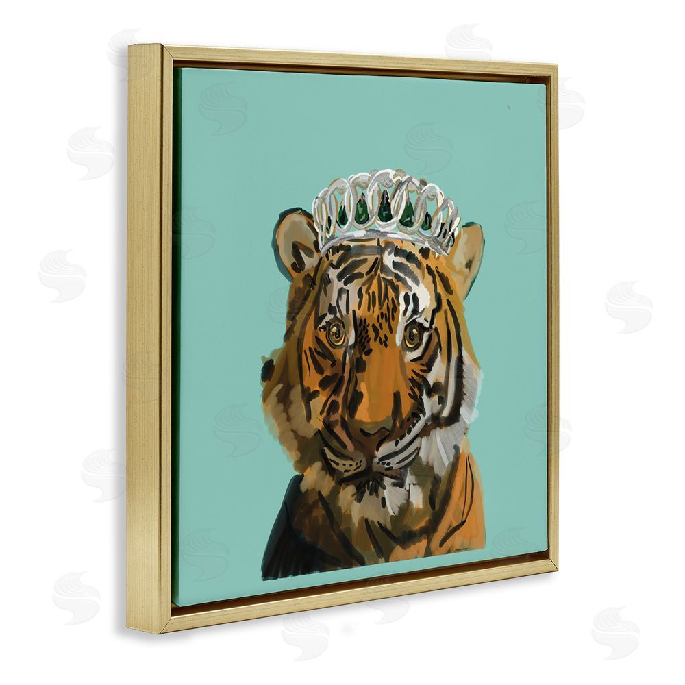 Amelia Noyes Tiger Wearing Crown Gold Floating Frame Canvas Wall Art Print
