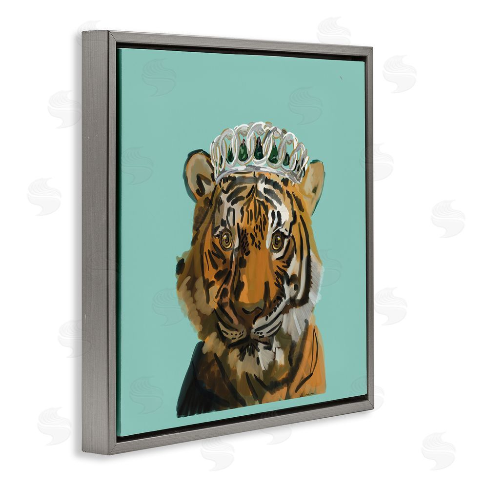 Amelia Noyes Tiger Wearing Crown Gray Floating Frame Canvas Wall Art Print