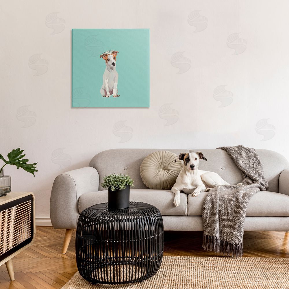 Amelia Noyes Crowned Dog on Turquoise Canvas Wall Art in Room