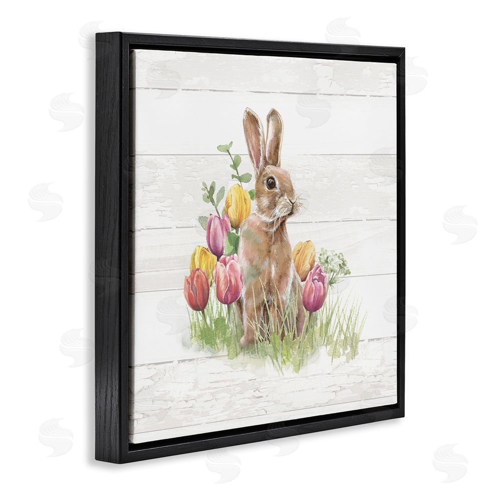 Courtney Morgenstern Bunny & Spring Tulips Black Floating Frame Canvas Wall Art Print
