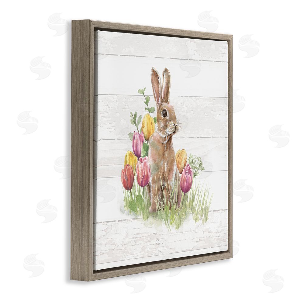 Courtney Morgenstern Bunny & Spring Tulips Brown Floating Frame Canvas Wall Art Print