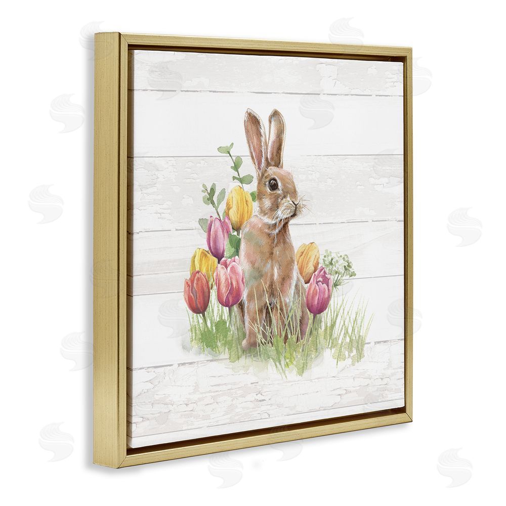 Courtney Morgenstern Bunny & Spring Tulips Gold Floating Frame Canvas Wall Art Print