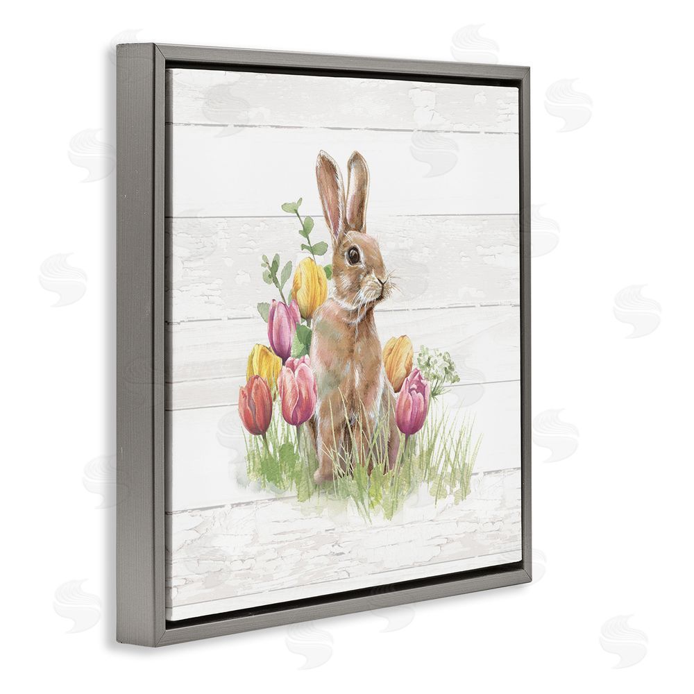 Courtney Morgenstern Bunny & Spring Tulips Gray Floating Frame Canvas Wall Art Print