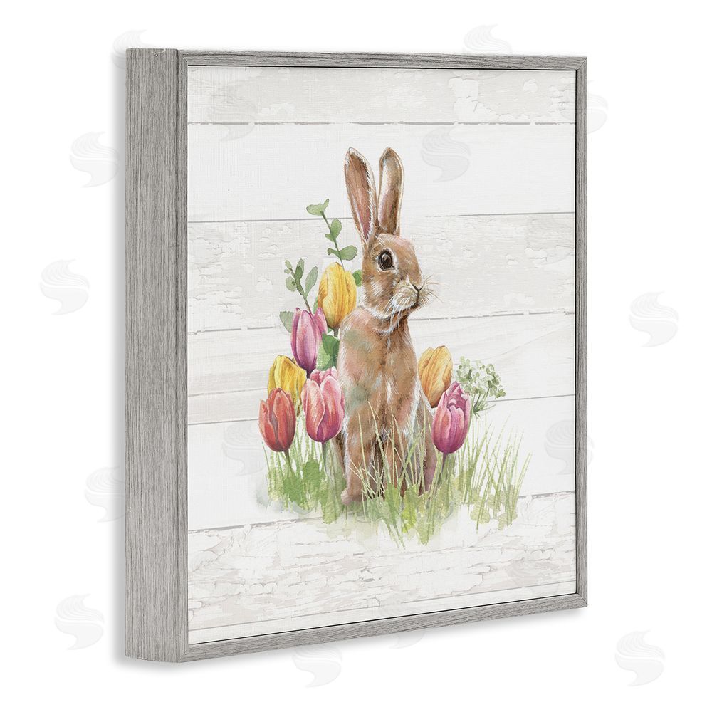 Courtney Morgenstern Bunny & Spring Tulips Gray Framed Glicee Wall Art Print