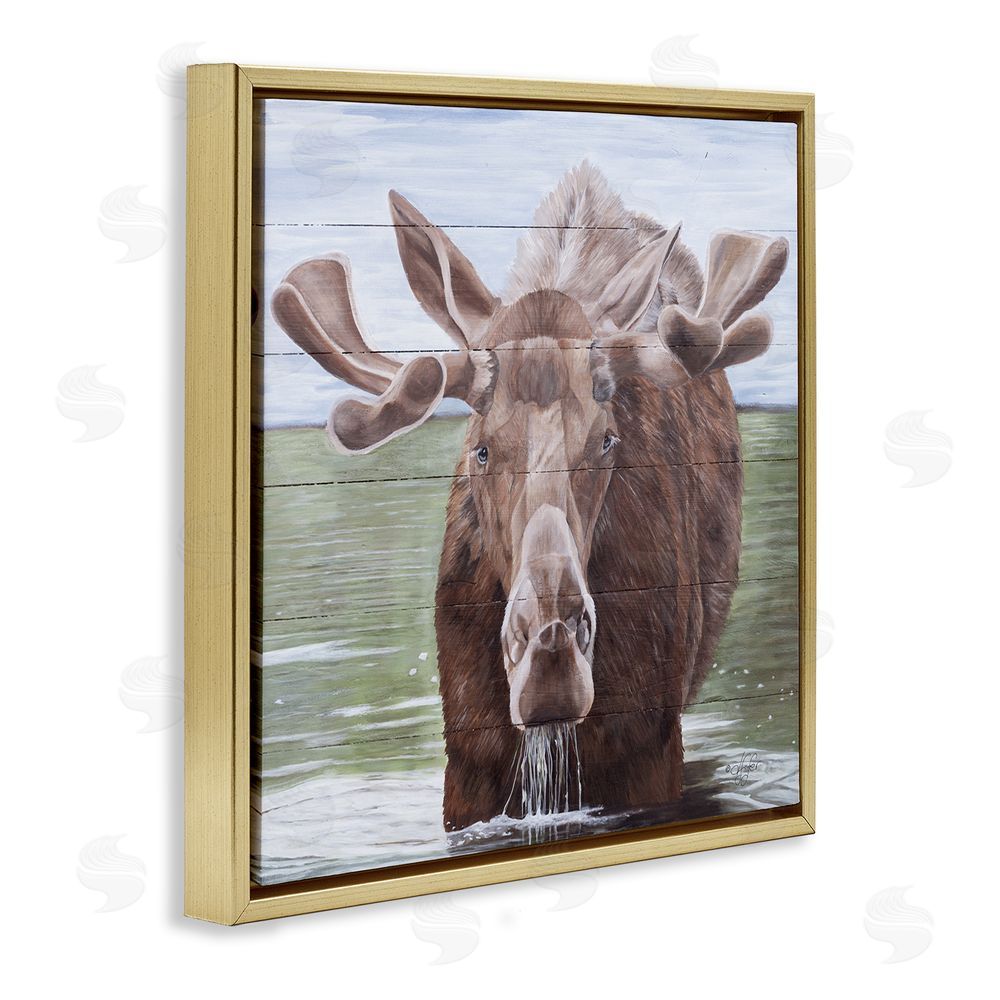 Diane Fifer Rustic Moose in Lake Gold Floating Frame Canvas Wall Art Print