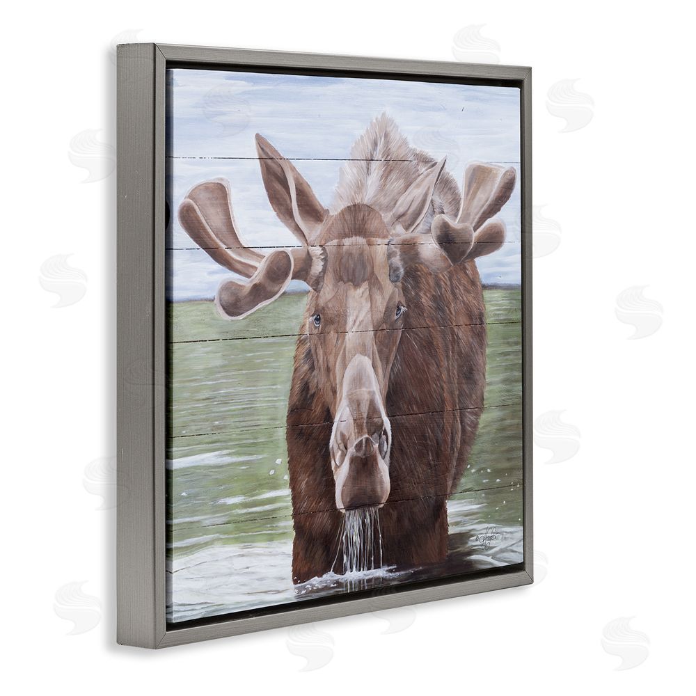 Diane Fifer Rustic Moose in Lake Gray Floating Frame Canvas Wall Art Print
