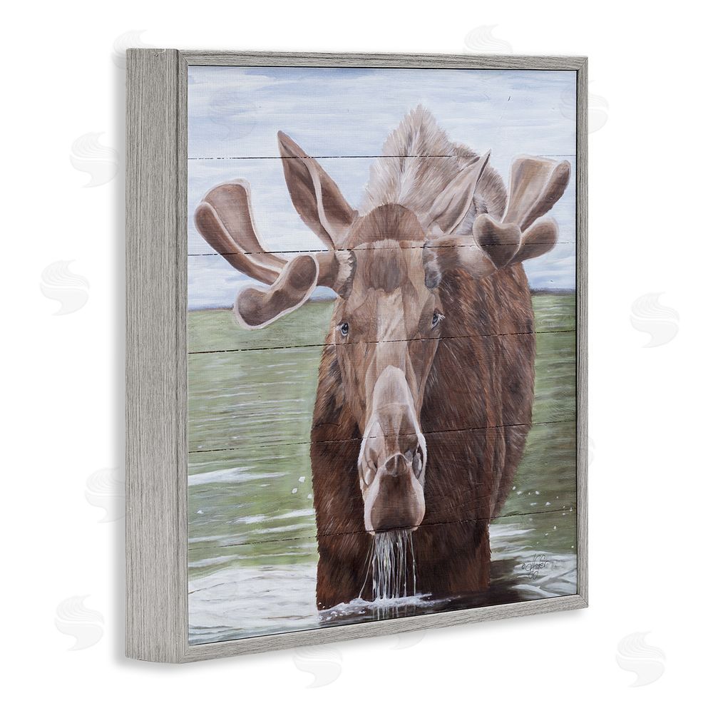 Diane Fifer Rustic Moose in Lake Gray Framed Glicee Wall Art Print