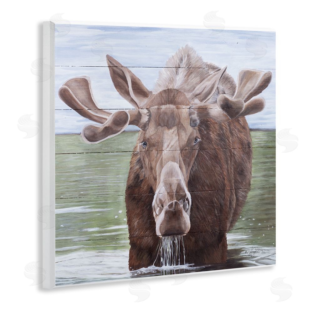 Diane Fifer Rustic Moose in Lake Wooden Wall Plaque Art Print