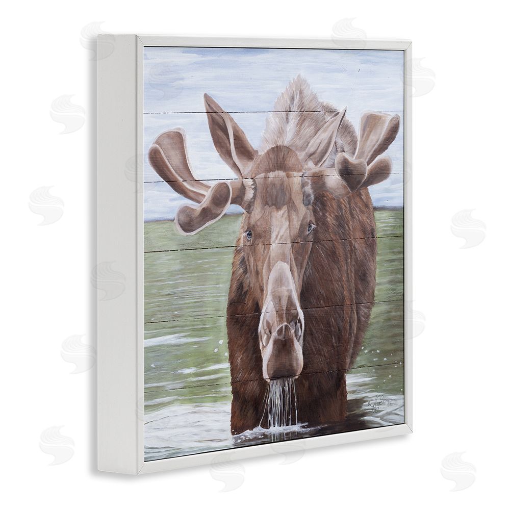 Diane Fifer Rustic Moose in Lake White Framed Glicee Wall Art Print