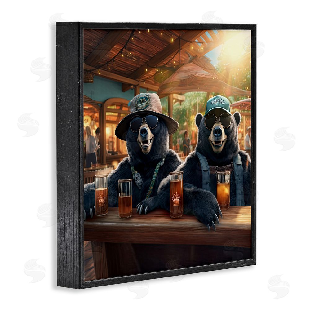 Jim Baldwin Drinking Bears at Bar Black Framed Glicee Wall Art Print