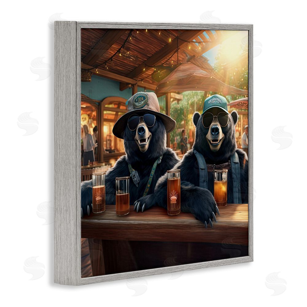 Jim Baldwin Drinking Bears at Bar Gray Framed Glicee Wall Art Print
