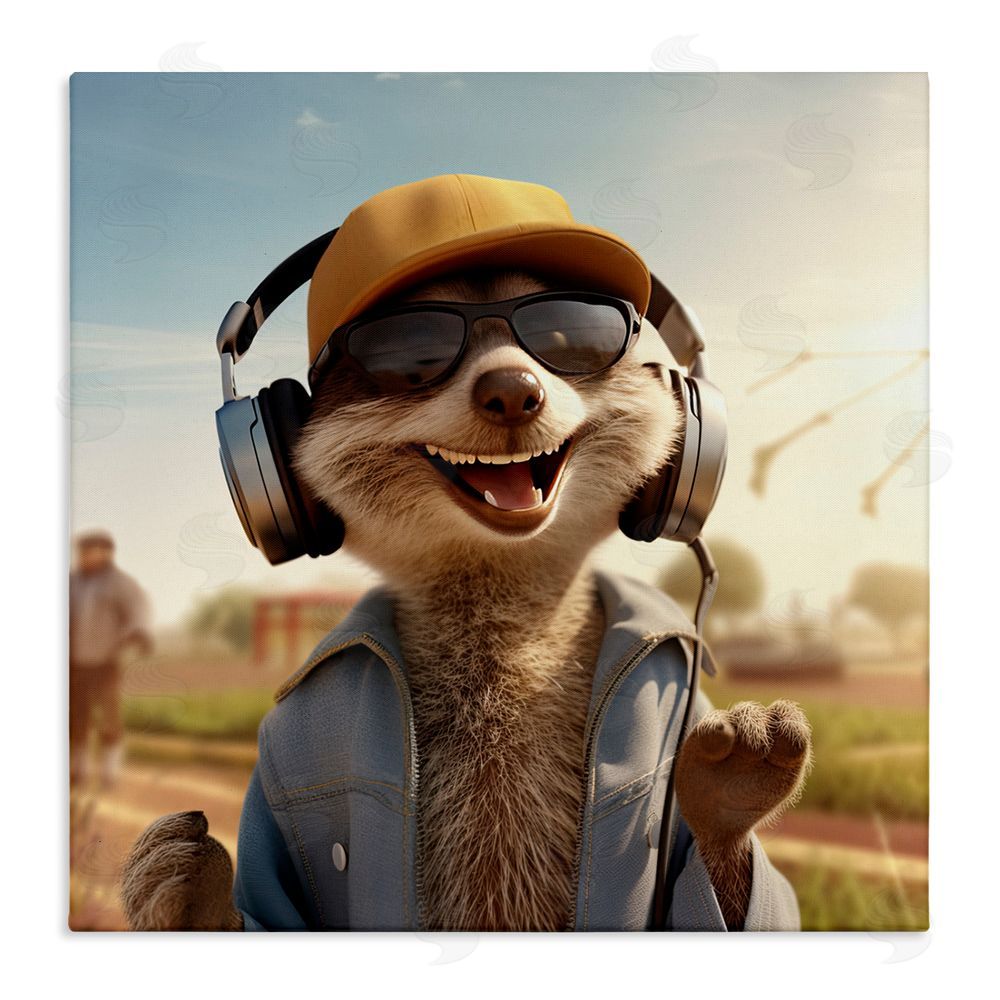 Jim Baldwin Happy Fox with Headphones Stretched Canvas Wall Art Print
