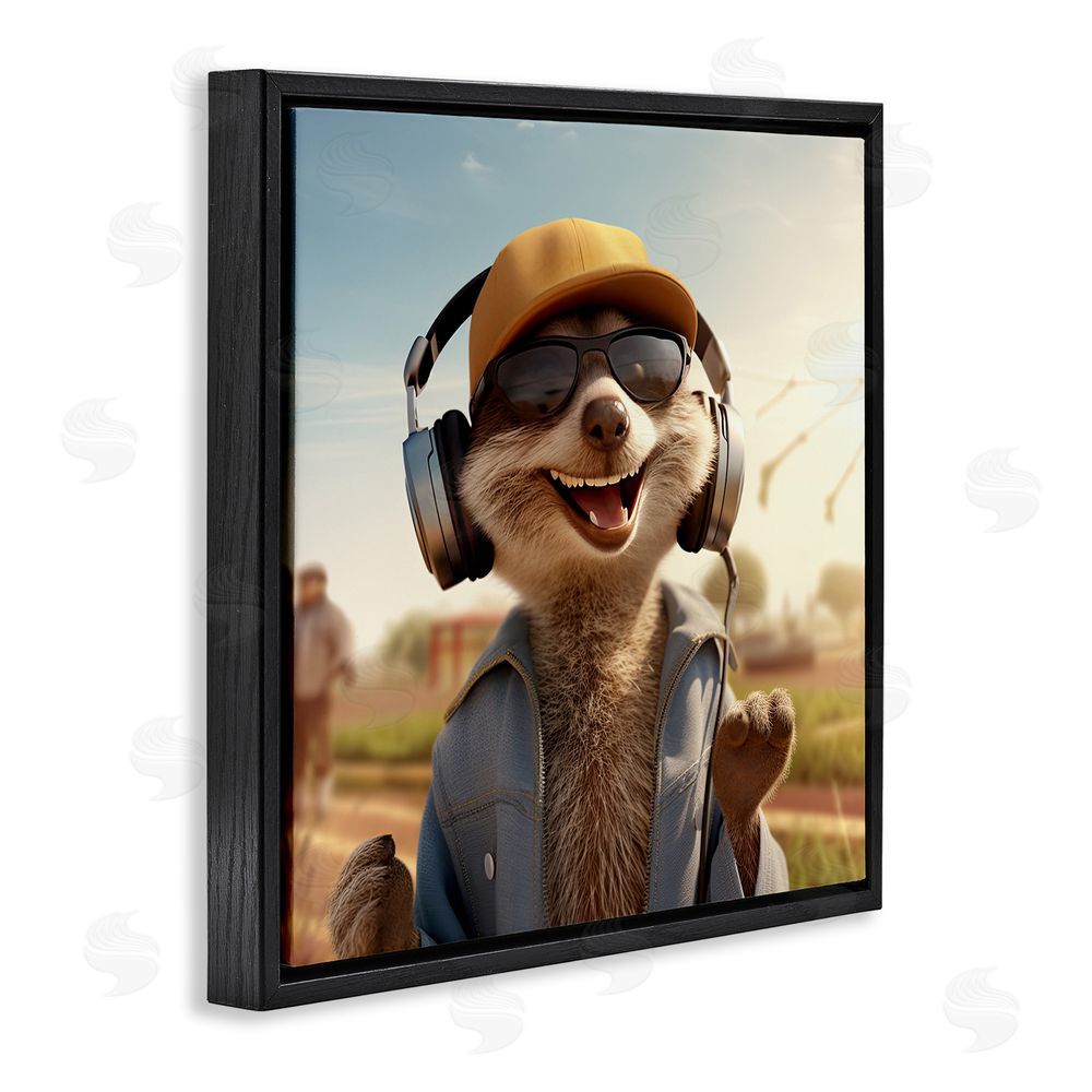 Jim Baldwin Happy Fox with Headphones Black Floating Frame Canvas Wall Art Print
