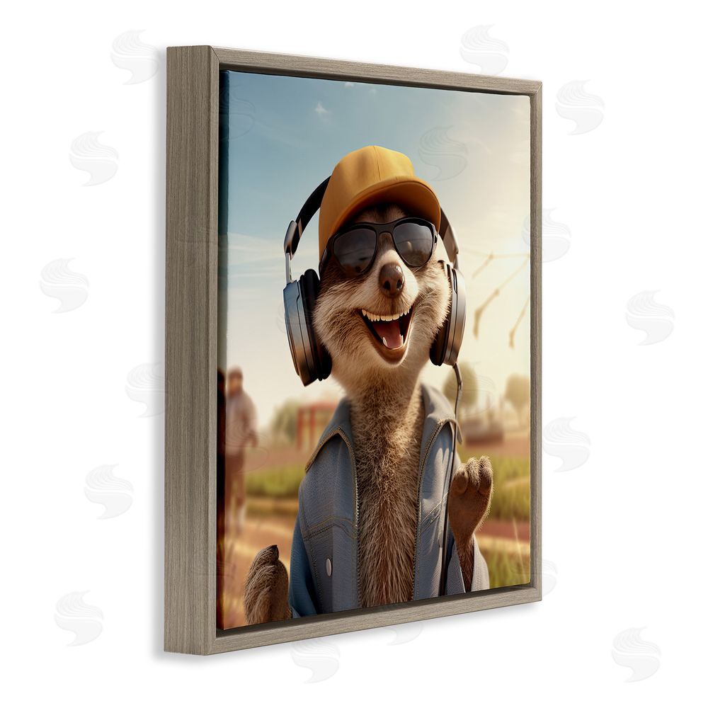 Jim Baldwin Happy Fox with Headphones Brown Floating Frame Canvas Wall Art Print