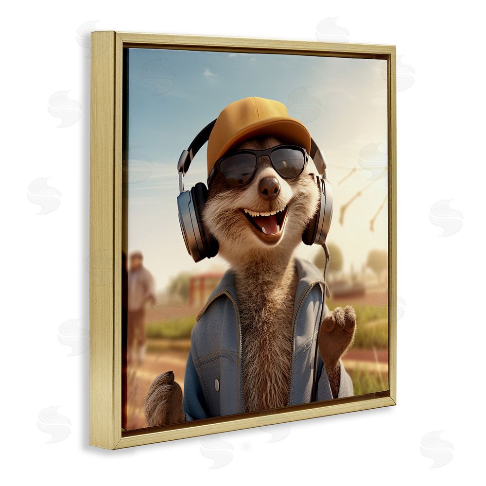 Jim Baldwin Happy Fox with Headphones Gold Floating Frame Canvas Wall Art Print