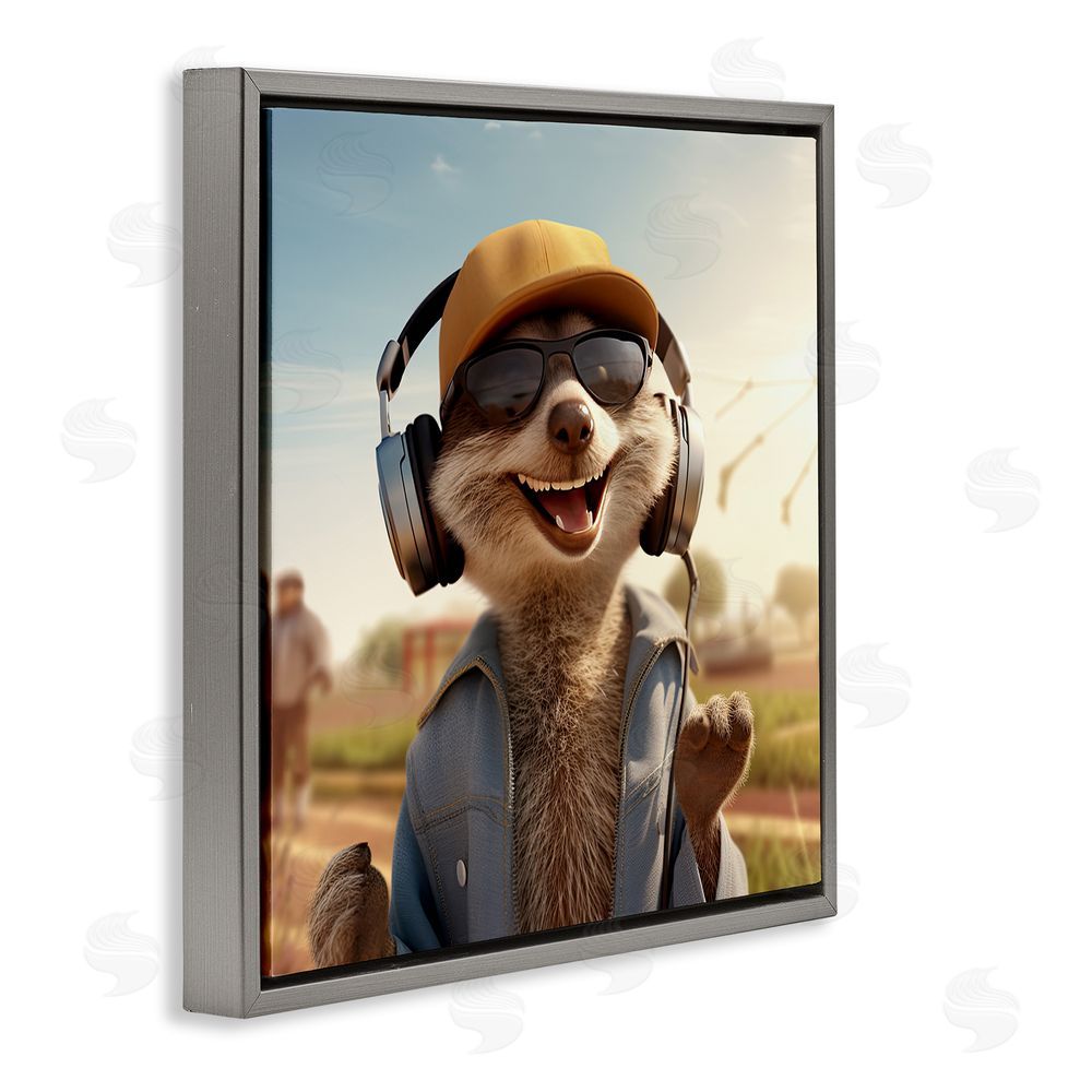 Jim Baldwin Happy Fox with Headphones Gray Floating Frame Canvas Wall Art Print