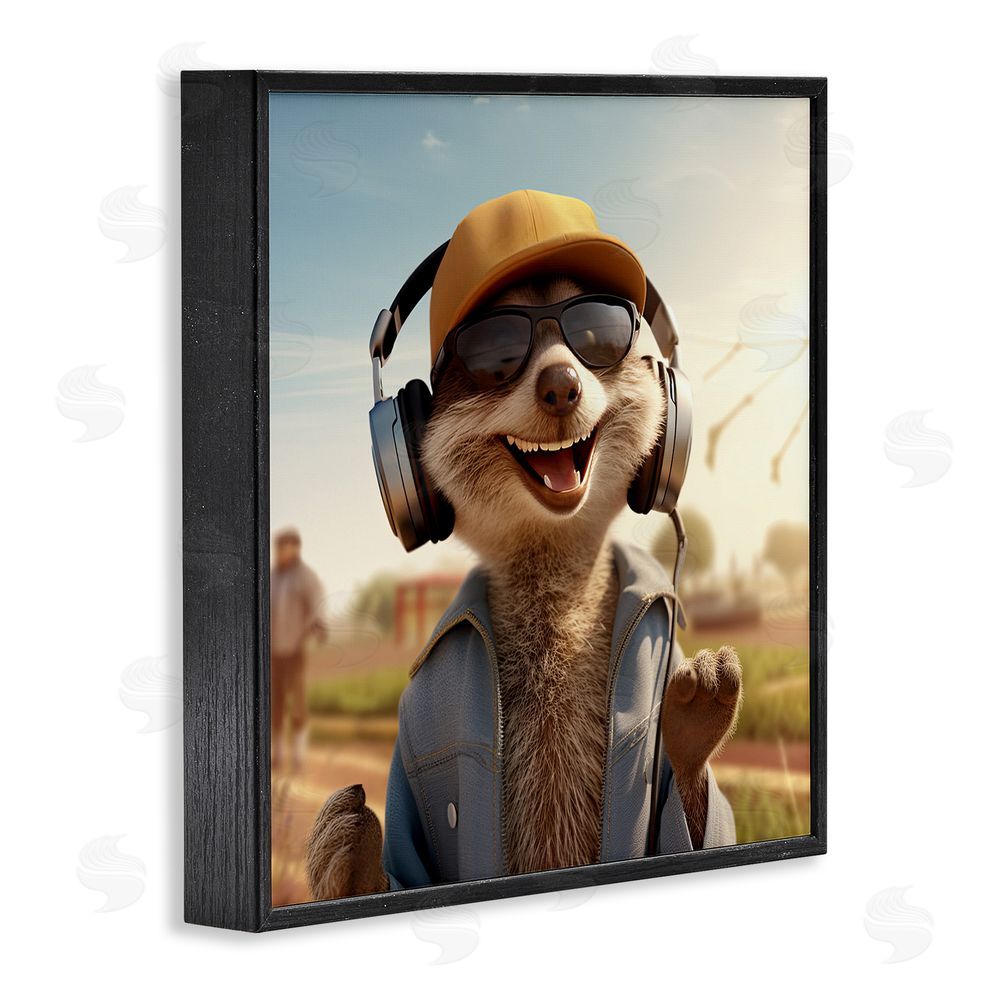 Jim Baldwin Happy Fox with Headphones Black Framed Glicee Wall Art Print