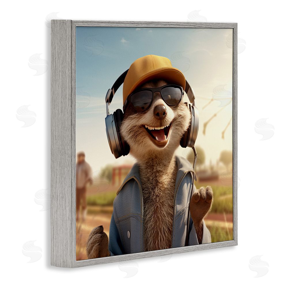 Jim Baldwin Happy Fox with Headphones Gray Framed Glicee Wall Art Print