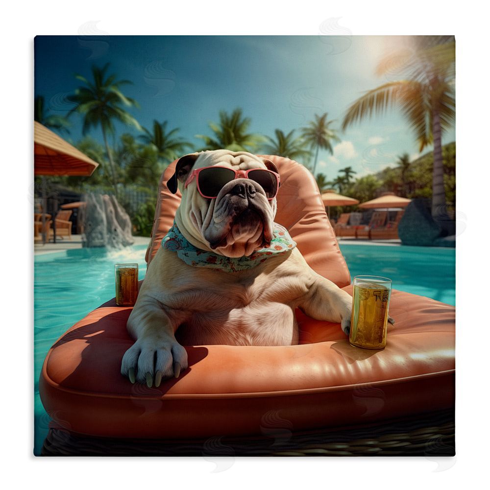 Jim Baldwin Bulldog in Resort Pool Stretched Canvas Wall Art Print