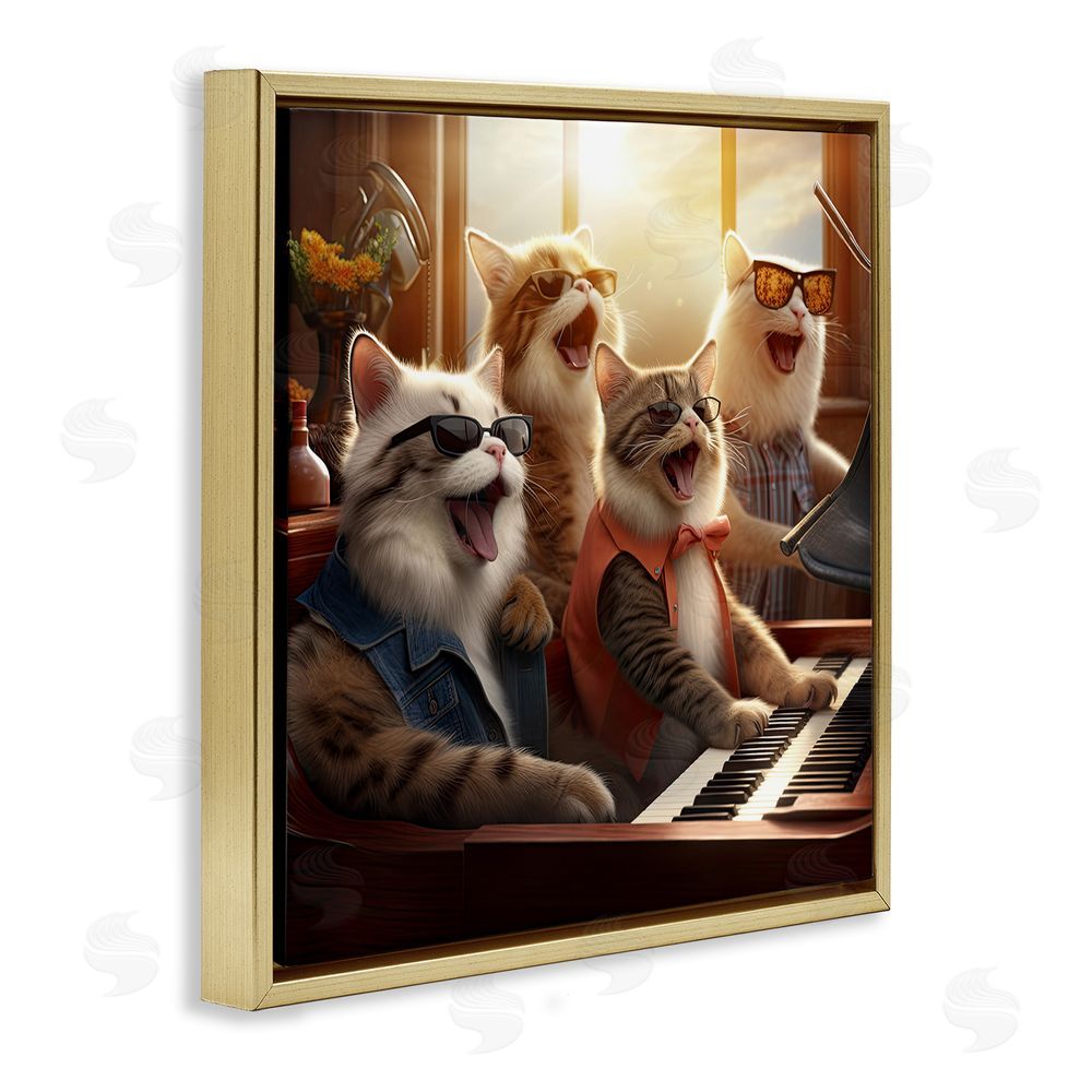 Jim Baldwin Cat Musicians & Piano Gold Floating Frame Canvas Wall Art Print