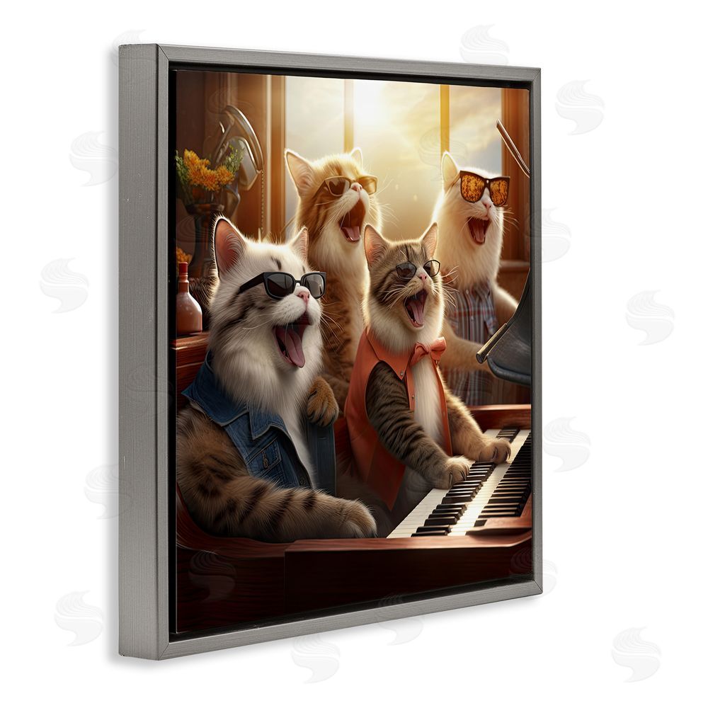Jim Baldwin Cat Musicians & Piano Gray Floating Frame Canvas Wall Art Print