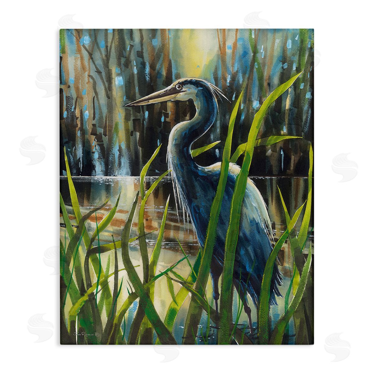 John Rossini Heron Between Pond Reeds
