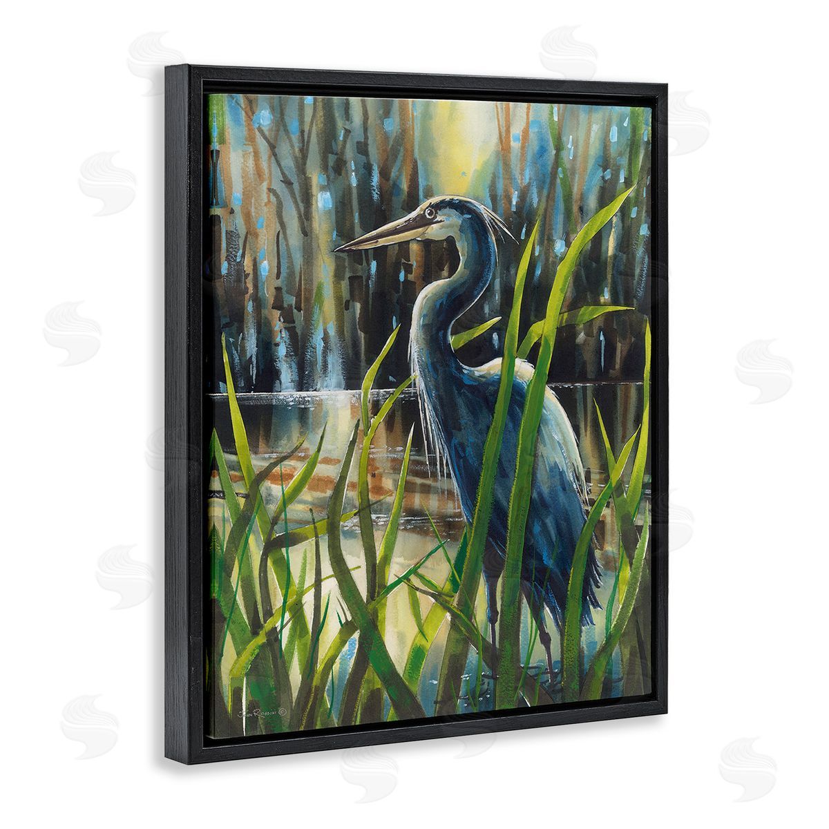 John Rossini Heron Between Pond Reeds