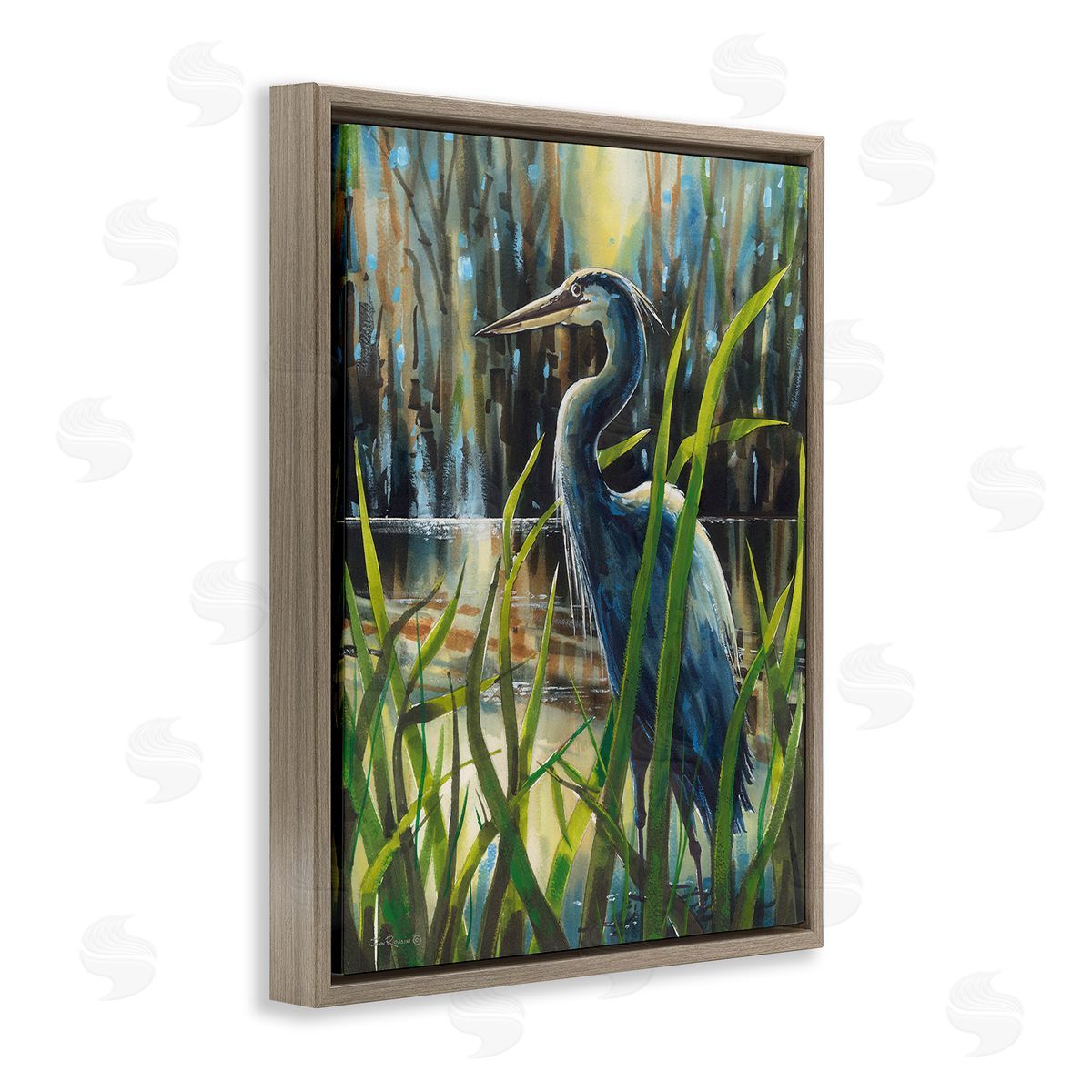 John Rossini Heron Between Pond Reeds