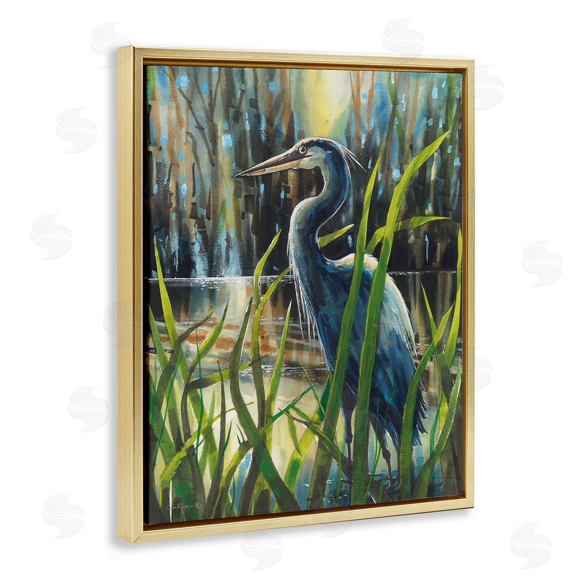 John Rossini Heron Between Pond Reeds