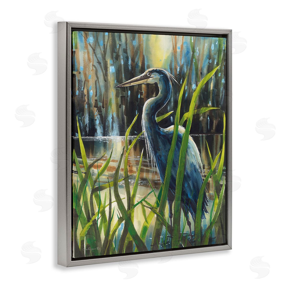 John Rossini Heron Between Pond Reeds