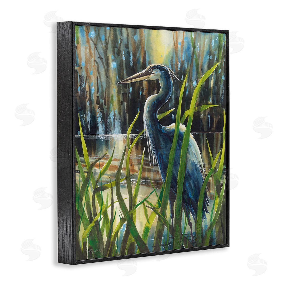 John Rossini Heron Between Pond Reeds