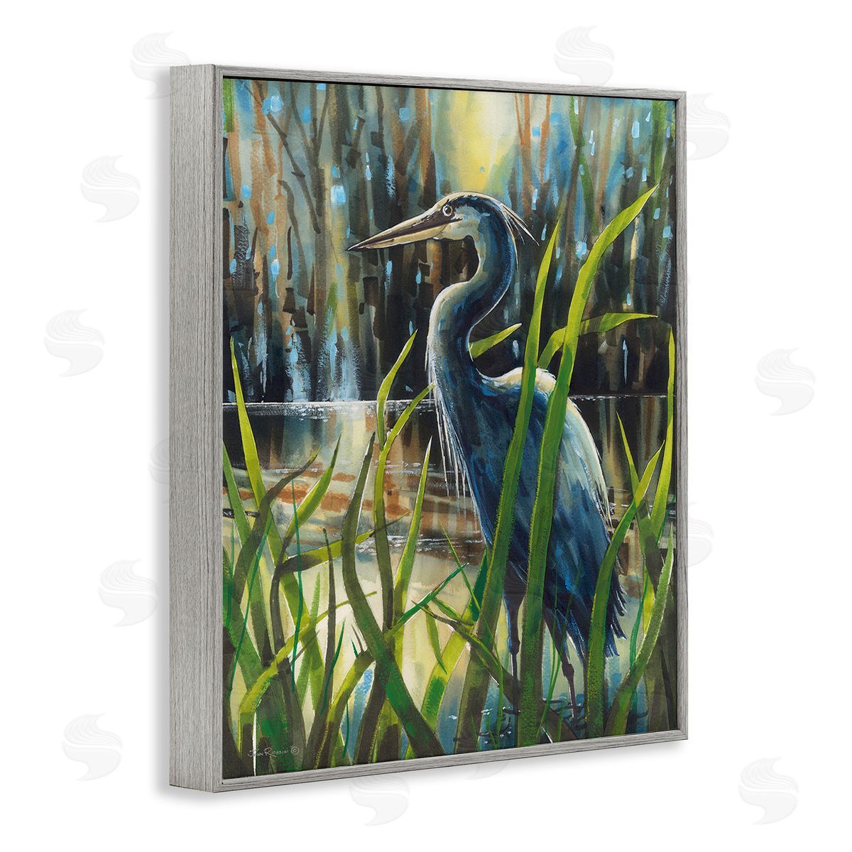 John Rossini Heron Between Pond Reeds