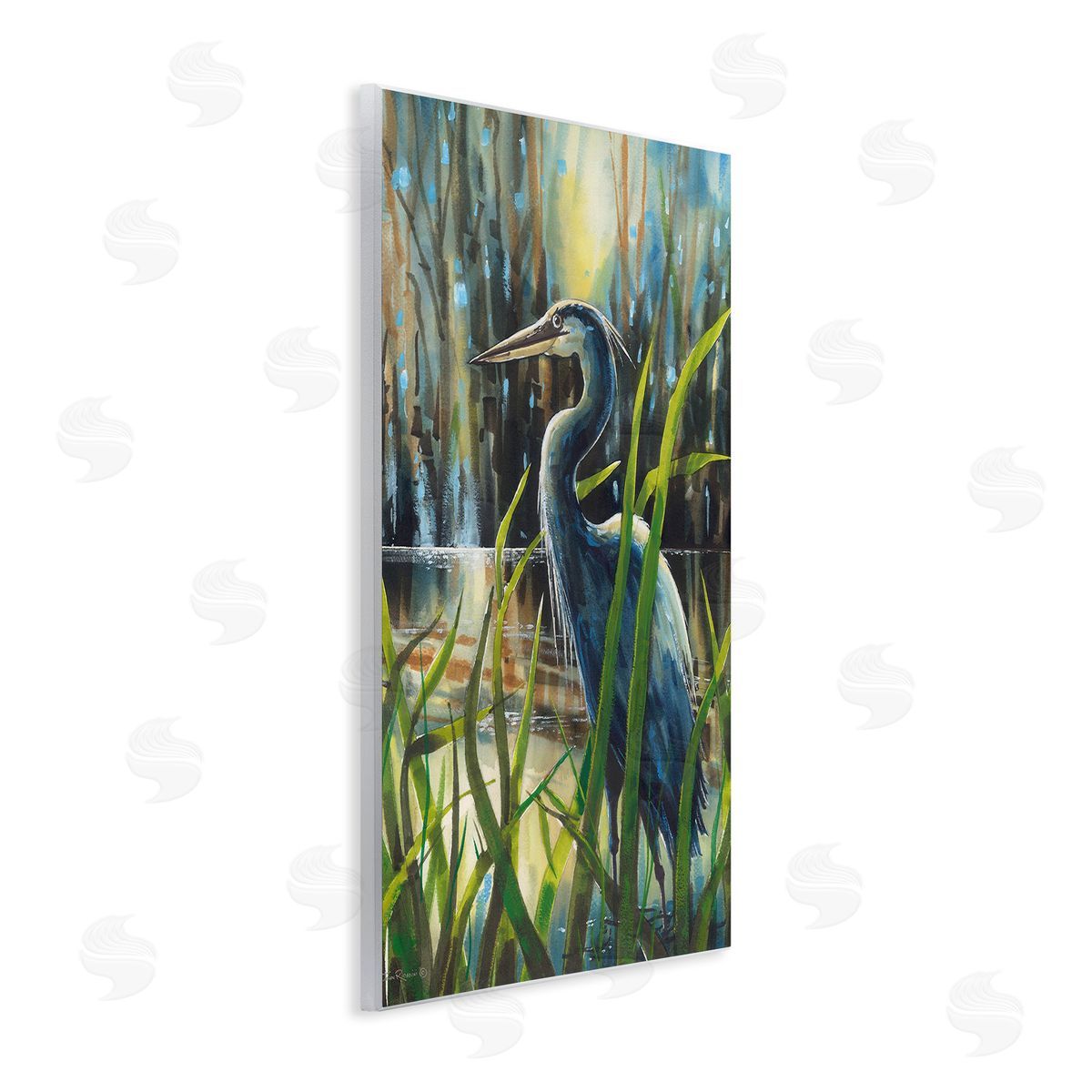 John Rossini Heron Between Pond Reeds