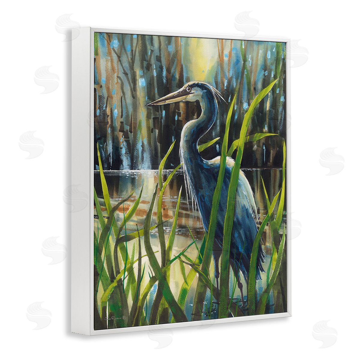 John Rossini Heron Between Pond Reeds