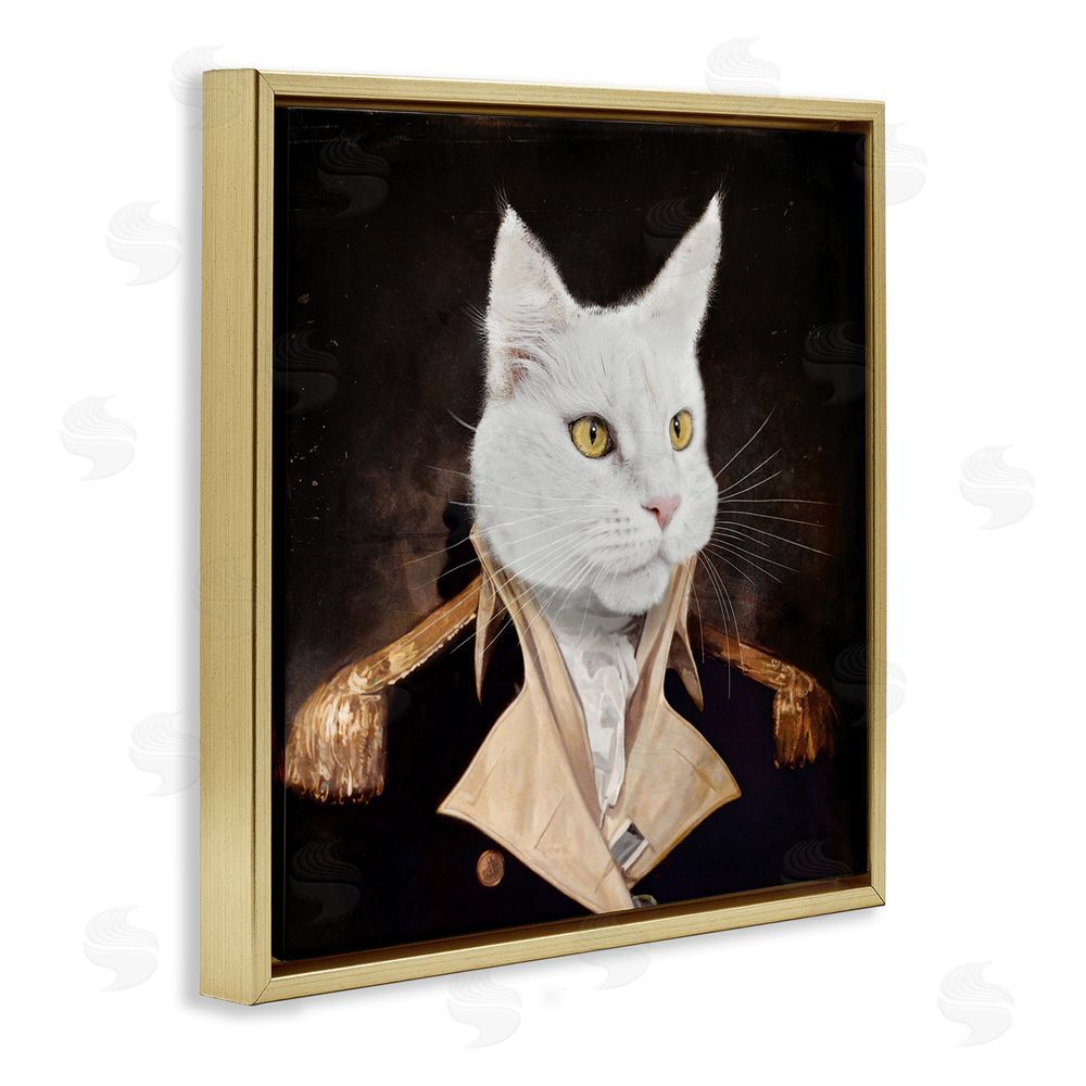 Karen Burke White Cat in Uniform Gold Floating Frame Canvas Wall Art Print