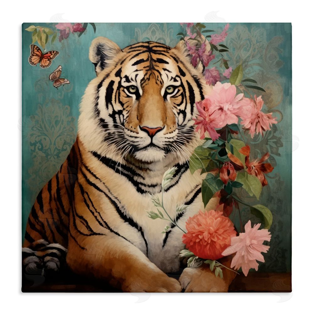 Lazar Studio Vintage Tiger & Bouquet Stretched Canvas Wall Art Print