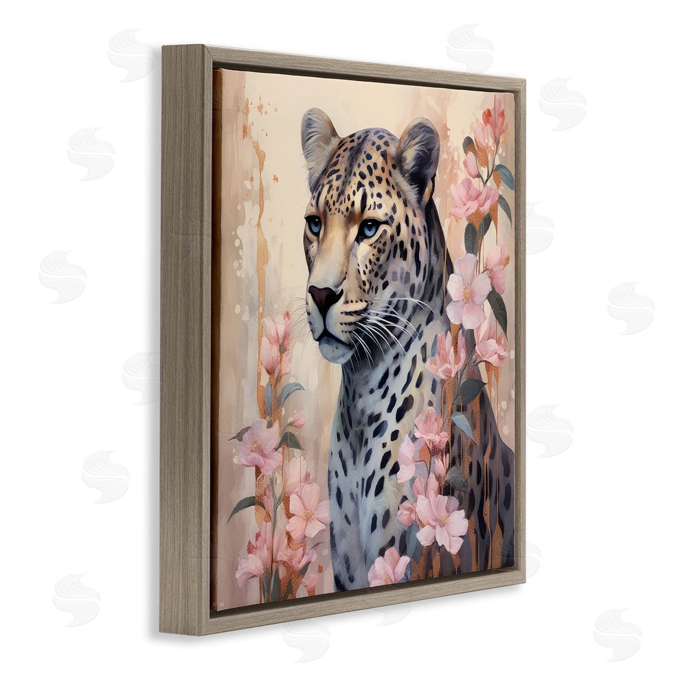 Lazar Studio Leopard with Pink Flowers Brown Floating Frame Canvas Wall Art Print