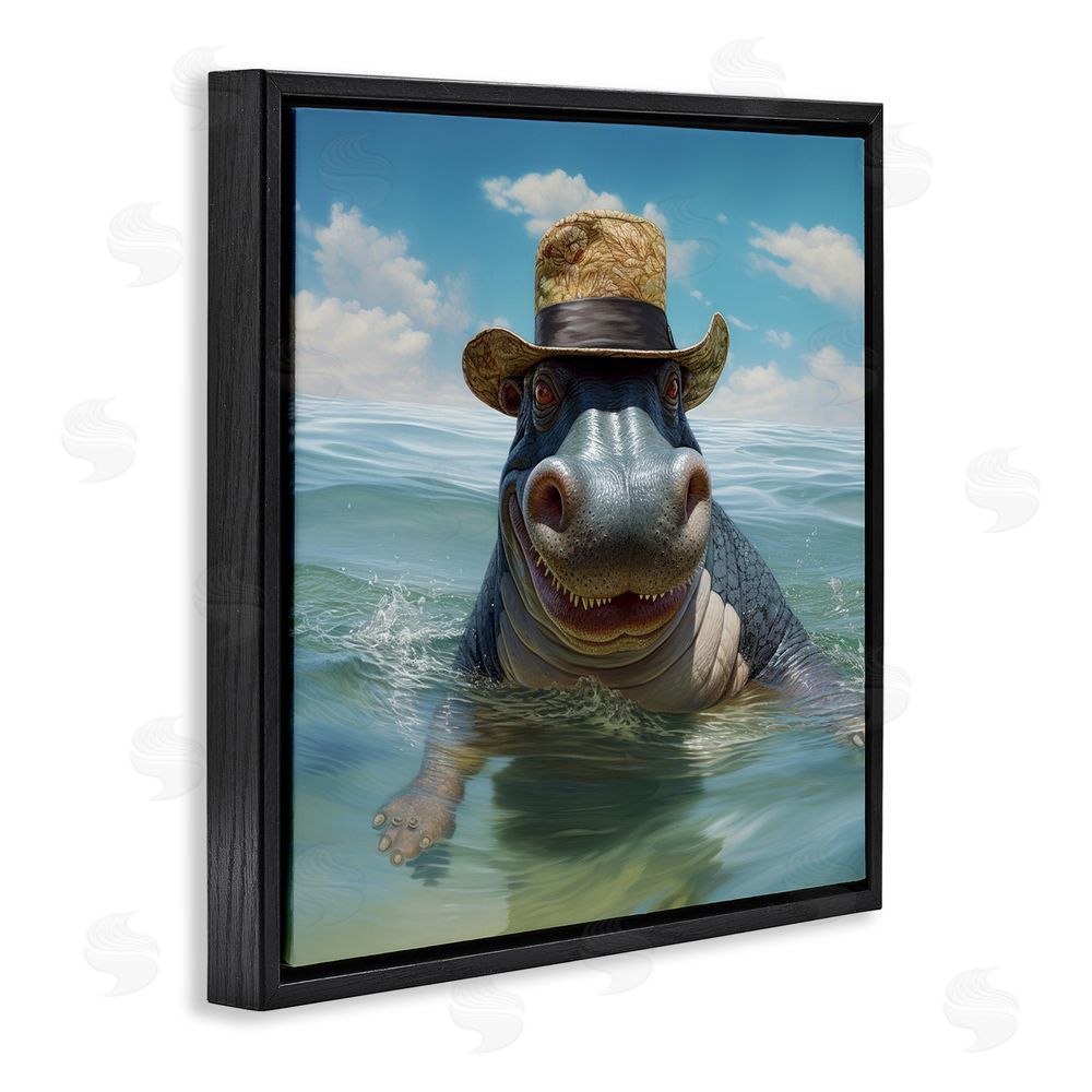 Lazar Studio Hippo with Trendy Hat Black Floating Frame Canvas Wall Art Print